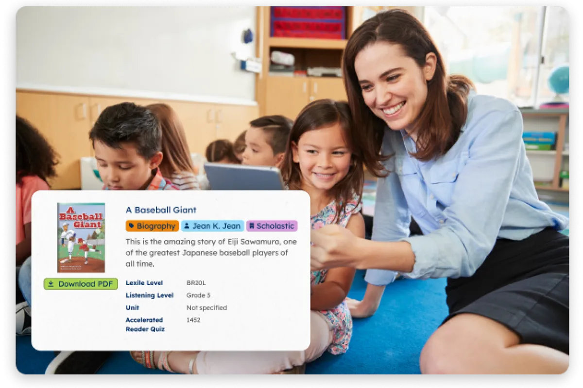 Stock image of a teacher with students superimposed with Skybrary dashboard