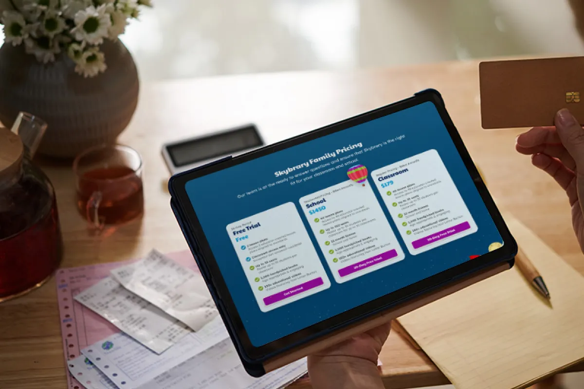 Image of tablet featuring the pricing cards on Skybrary
