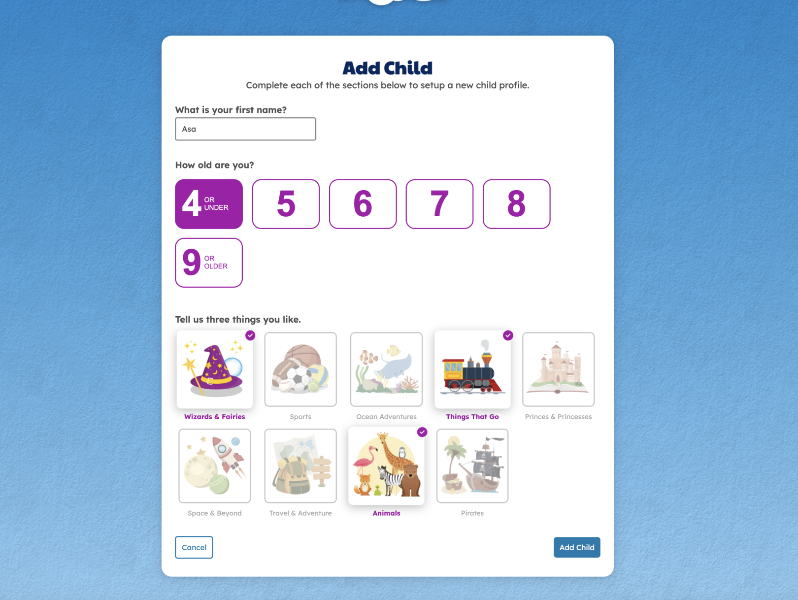 Screenshot of Add a Child function on the Skybrary family dashboard