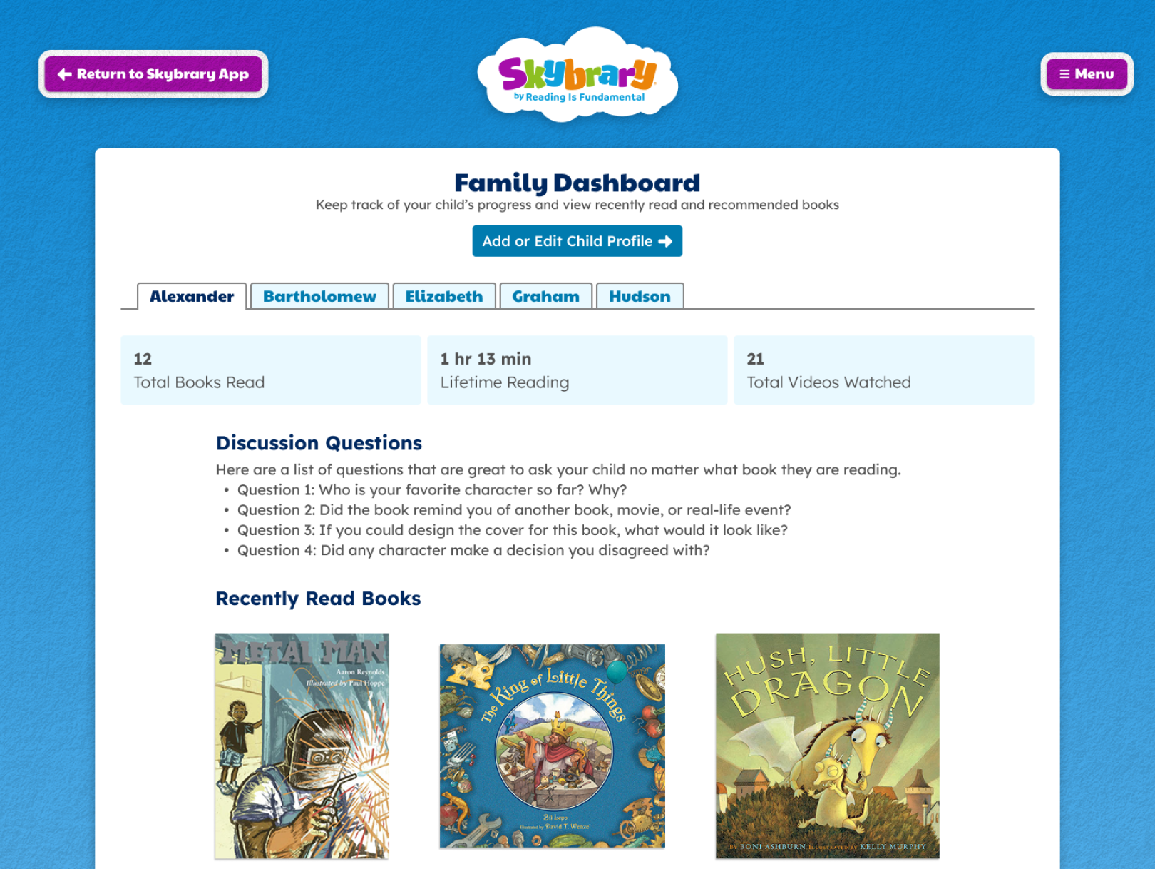 Screenshot of the main family dashboard area on Skybrary