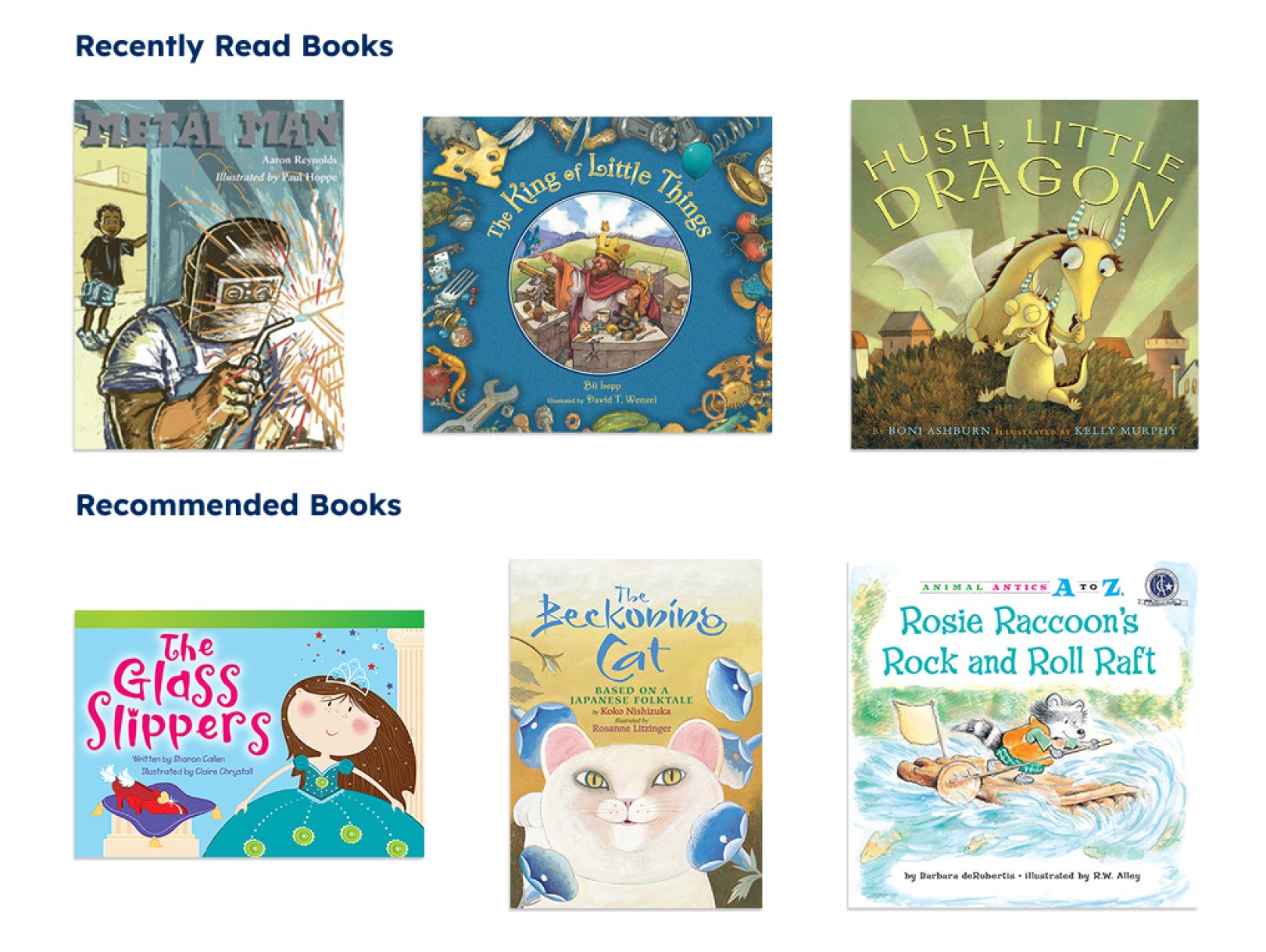 Screenshot of recently read books on family dashboard in Skybrary