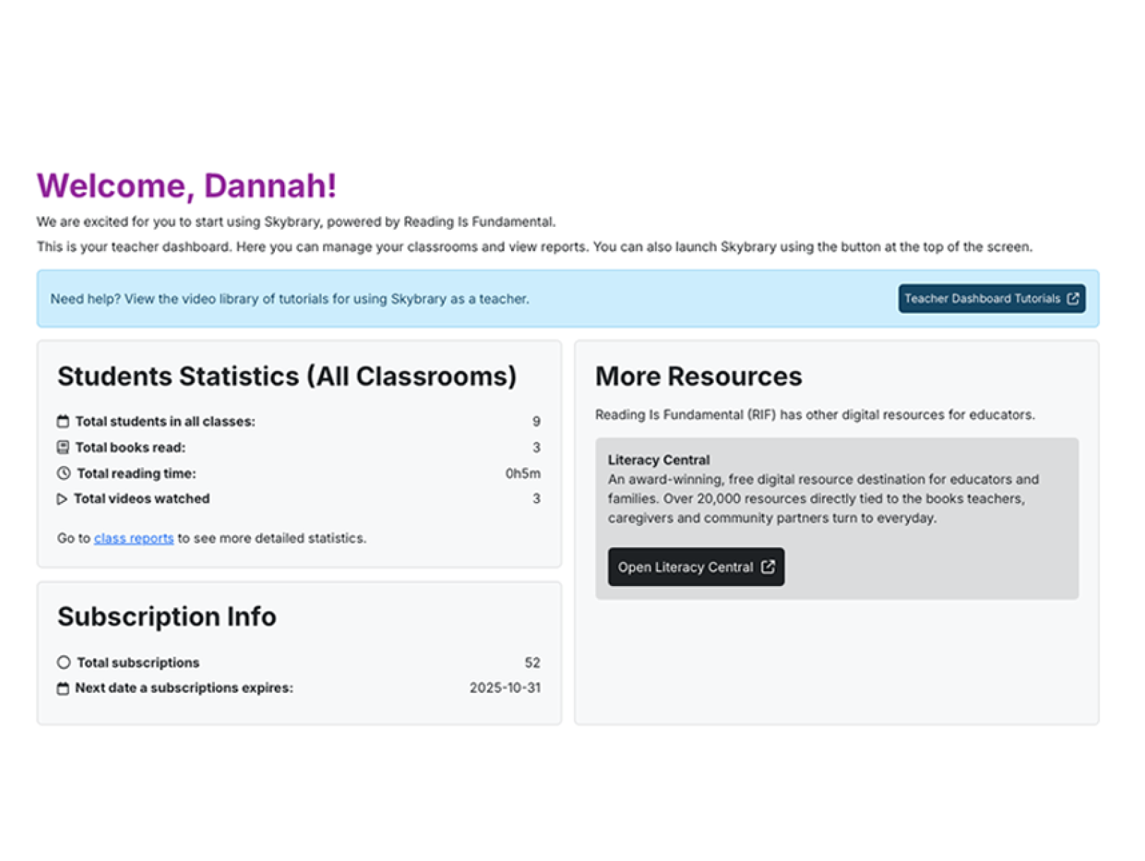 Screenshot of the main teacher dashboard